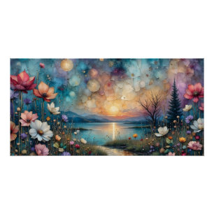 kleurrijke wilde bloemen op het water rand landsch perfect poster