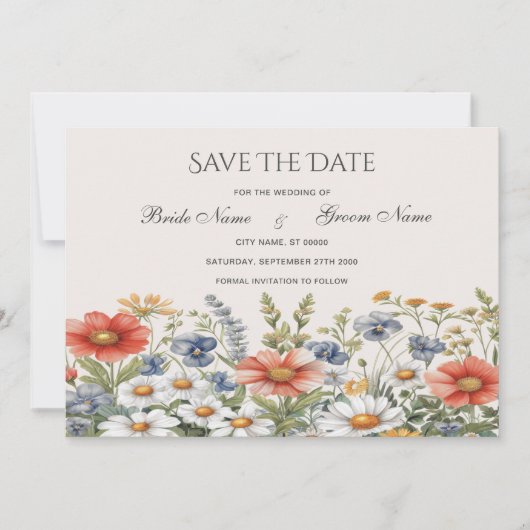 Kleurrijke wilde bloemen sparen de datum save the date (Voorkant)