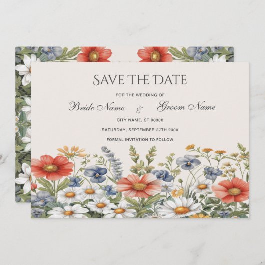 Kleurrijke wilde bloemen sparen de datum save the date (Voorkant / Achterkant)