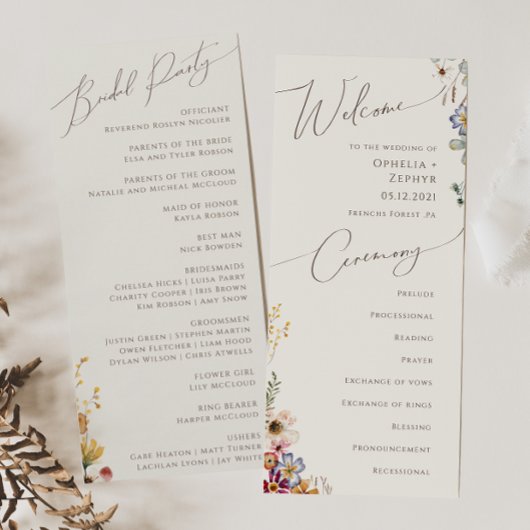 Kleurrijke Wilde Bloementuin | Beige Bruiloft Programmakaart