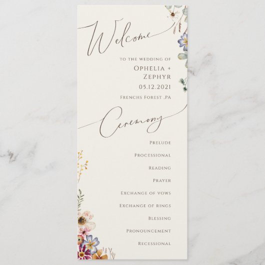 Kleurrijke Wilde Bloementuin | Beige Bruiloft Programmakaart (Voorkant)