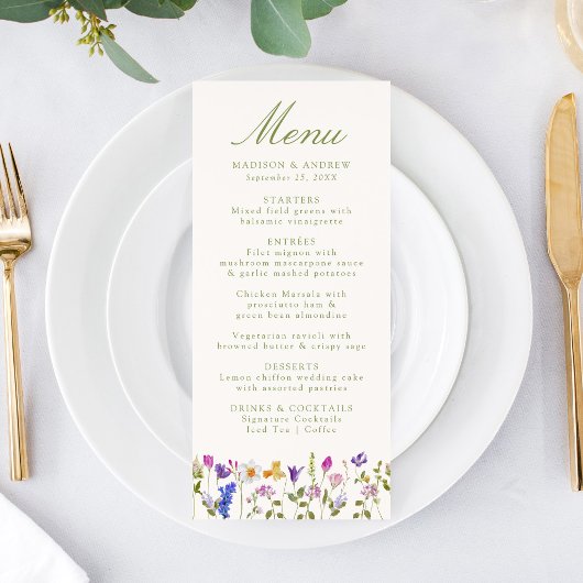 Kleurrijke Wilde Bloemenweide Crème Huwelijk Menu