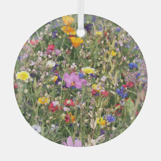 Kleurrijke wilde bloemenweide, levendig patroon. glas ornament (Voorkant)