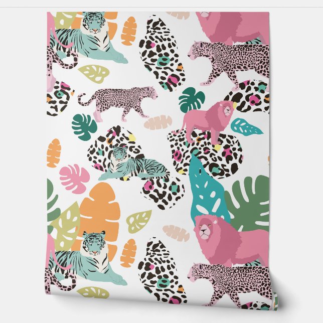 Kleurrijke wilde dieren en tropische bladeren patr behang (Afrollen)
