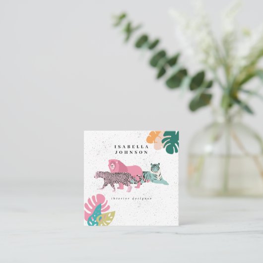 Kleurrijke Wilde Dieren & Tropische Bladeren QR Co Vierkante Visitekaartje (Staand voorkant)