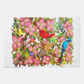 Kleurrijke wilde vogels in Dogwood Kitchen Towel Theedoek (Horizontaal)