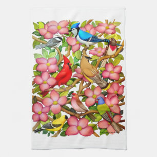 Kleurrijke wilde vogels in Dogwood Kitchen Towel Theedoek