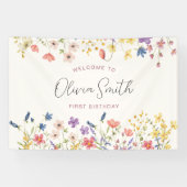 Kleurrijke Wildflower 1e verjaardagsfeestje Spandoek (Horizontaal)