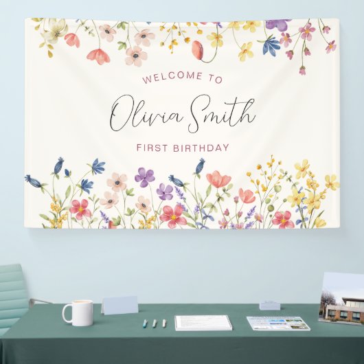 Kleurrijke Wildflower 1e verjaardagsfeestje Spandoek (Beurs)