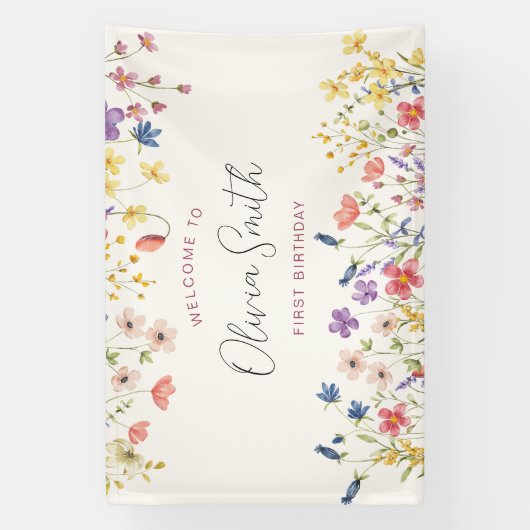 Kleurrijke Wildflower 1e verjaardagsfeestje Spandoek (Verticaal)