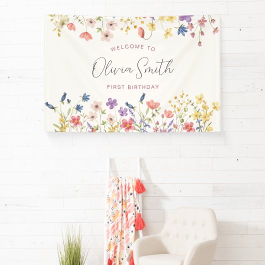 Kleurrijke Wildflower 1e verjaardagsfeestje Spandoek (Insitu)