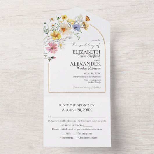 Kleurrijke Wildflower Arch Gold Lijst | Boho Bruil All In One Uitnodiging (Binnen)
