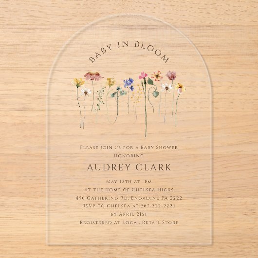 Kleurrijke Wildflower Baby in Bloom Baby shower Acryl Uitnodigingen (Voorkant)