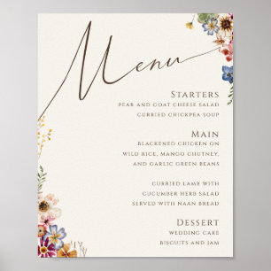 Kleurrijke Wildflower Beige Bruiloft Menu Sign Poster