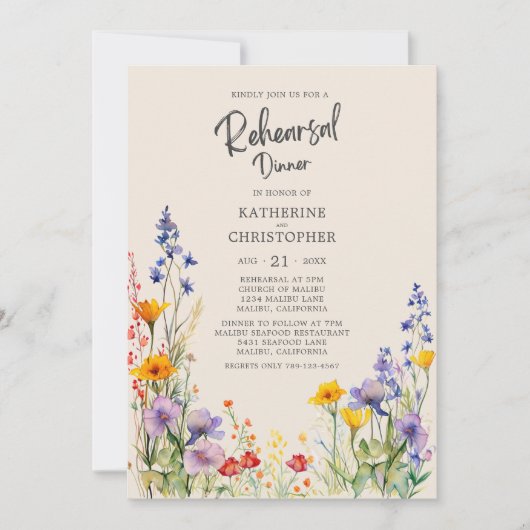 Kleurrijke Wildflower Beige bruiloft repetitie din Kaart (Voorkant)