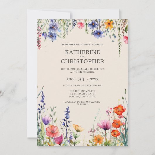 Kleurrijke Wildflower Beige Elegante Bruiloft Kaart (Voorkant)