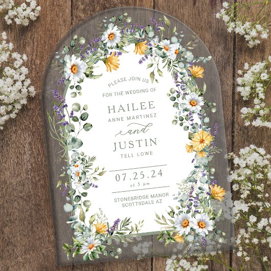 Kleurrijke Wildflower Bloemen Boog Spring Wedding Acryl Uitnodigingen