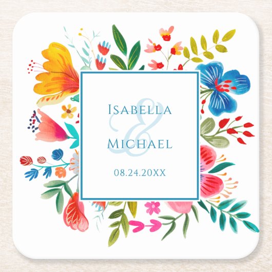 Kleurrijke Wildflower Bloemen Waterverf Bruiloft Kartonnen Onderzetters (Voorkant)