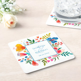 Kleurrijke Wildflower Bloemen Waterverf Bruiloft Kartonnen Onderzetters