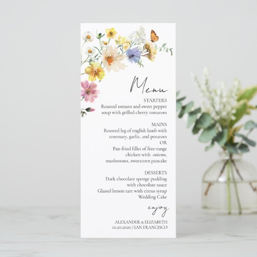 Kleurrijke Wildflower | Boho Bruiloft Menu Kaart (Staand voorkant)