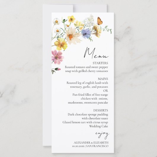 Kleurrijke Wildflower | Boho Bruiloft Menu Kaart (Voorkant)