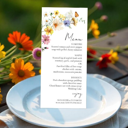 Kleurrijke Wildflower | Boho Bruiloft Menu Kaart