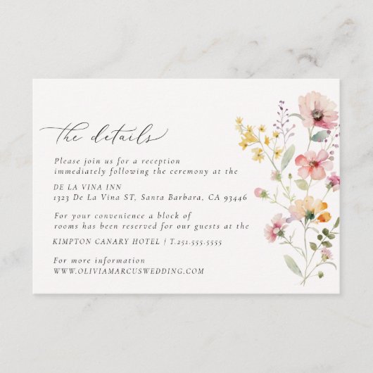 Kleurrijke Wildflower bruiloft Details Behuizing K Informatiekaartje (Voorkant)