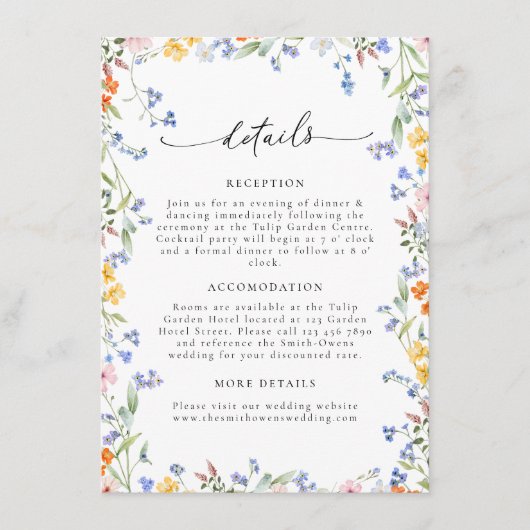 Kleurrijke Wildflower bruiloft Details Behuizing K Informatiekaartje (Voorkant)