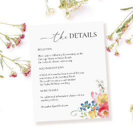 Kleurrijke Wildflower bruiloft details Informatiekaartje