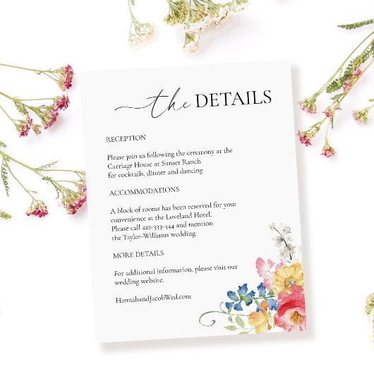 Kleurrijke Wildflower bruiloft details Informatiekaartje