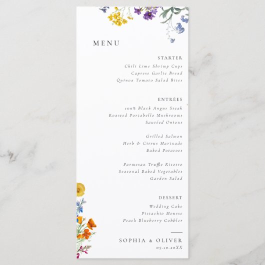 Kleurrijke Wildflower bruiloft Menu (Voorkant)