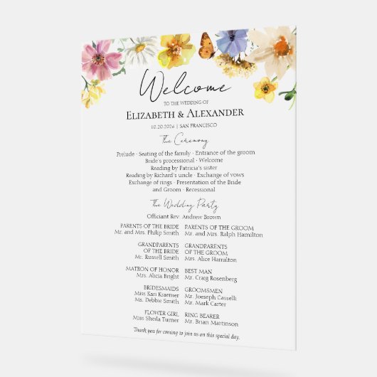 Kleurrijke Wildflower Ceremony Acryl Programma Tek Acryl Bord (Hoek)