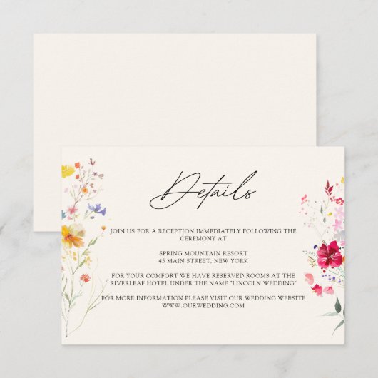 Kleurrijke Wildflower Cream | Black Wedding Detail Informatiekaartje (Voorkant / Achterkant)