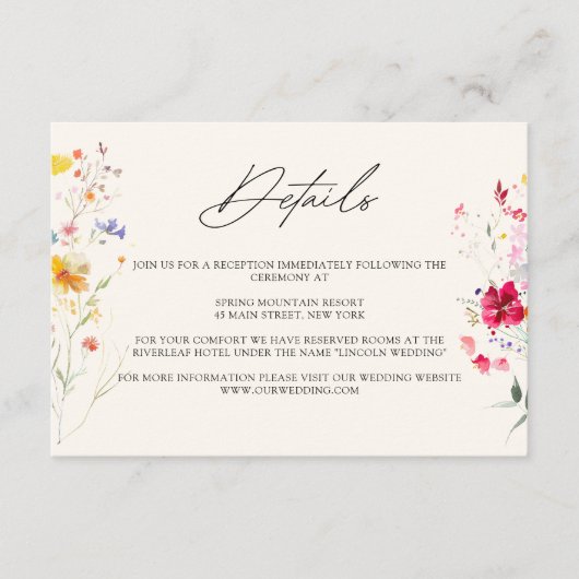Kleurrijke Wildflower Cream | Black Wedding Detail Informatiekaartje (Voorkant)