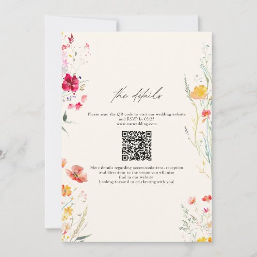Kleurrijke Wildflower Cream Wedding QR-code Kaart (Achterkant)