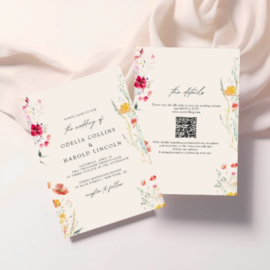Kleurrijke Wildflower Cream Wedding QR-code Kaart