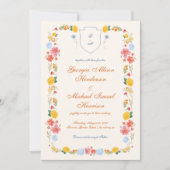 Kleurrijke Wildflower Crest Monogram Wedding Desig Kaart (Voorkant)