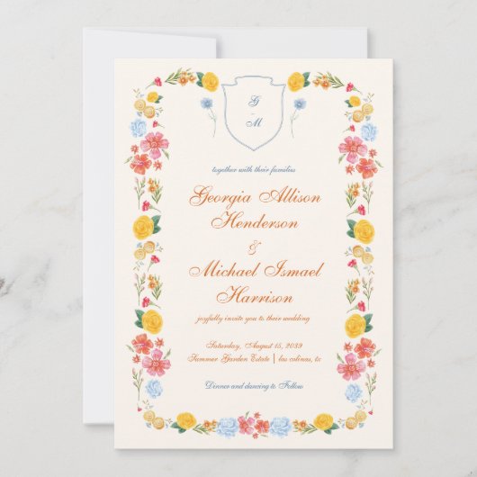 Kleurrijke Wildflower Crest Monogram Wedding Desig Kaart (Voorkant)