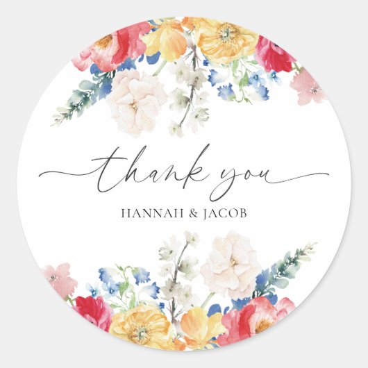 Kleurrijke Wildflower Dank u bruiloft gunst Ronde Sticker (Voorkant)