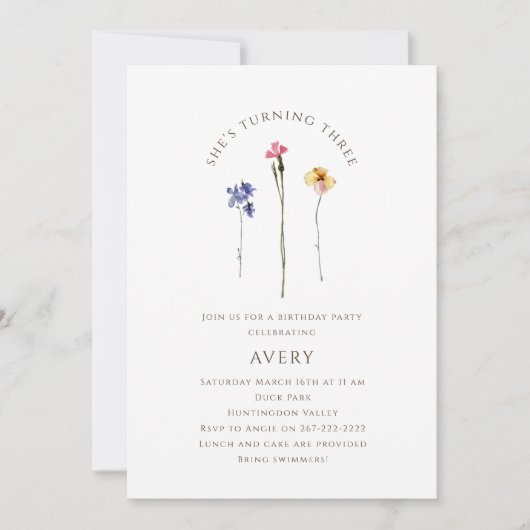 Kleurrijke Wildflower Derde Verjaardag Party Kaart (Voorkant)
