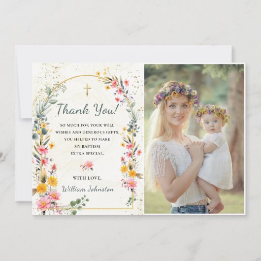 Kleurrijke Wildflower doop foto Dank u kaart (Voorkant)
