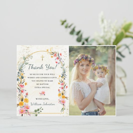 Kleurrijke Wildflower doop foto Dank u kaart (Staand voorkant)