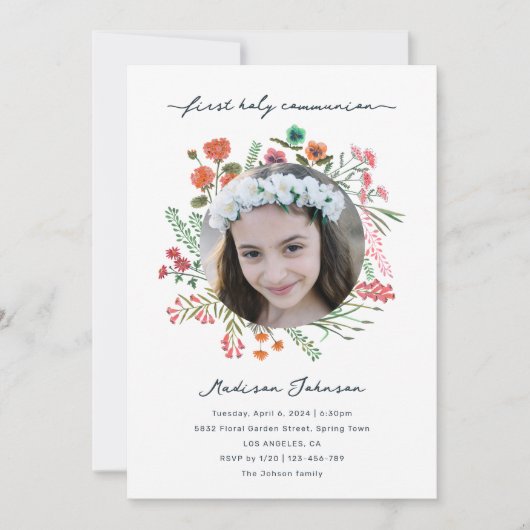 Kleurrijke Wildflower Eerste Heilige Communie Foto Kaart (Voorkant)