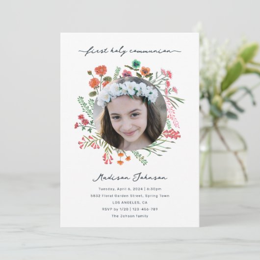 Kleurrijke Wildflower Eerste Heilige Communie Foto Kaart (Staand voorkant)