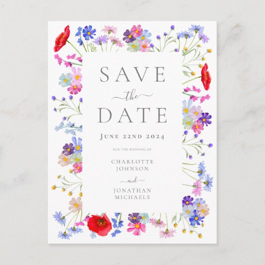 Kleurrijke Wildflower Elegant Bruiloft Save the Da Uitnodiging Briefkaart (Voorkant)
