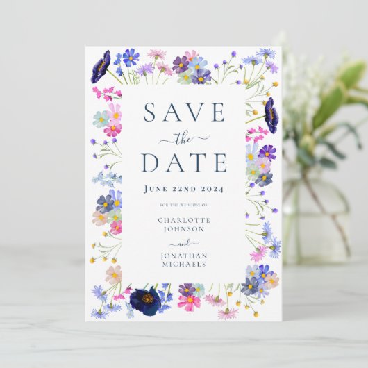 Kleurrijke Wildflower Elegante bruiloft Save The Date (Staand voorkant)
