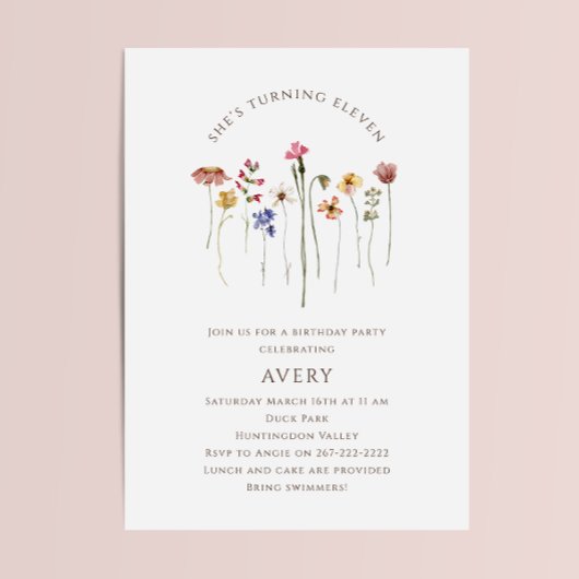 Kleurrijke Wildflower Elfde Verjaardagsfeest Kaart