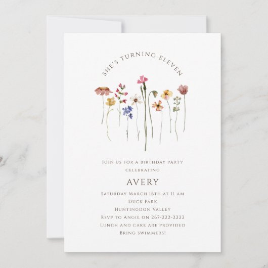 Kleurrijke Wildflower Elfde Verjaardagsfeest Kaart (Voorkant)