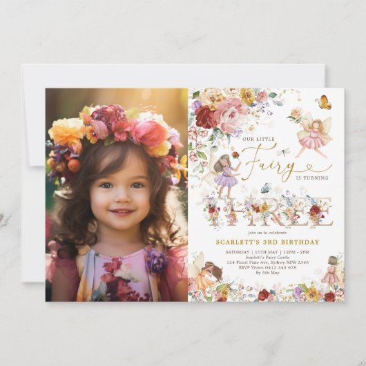 Kleurrijke Wildflower Fairy 3e verjaardag foto Kaart (Voorkant)