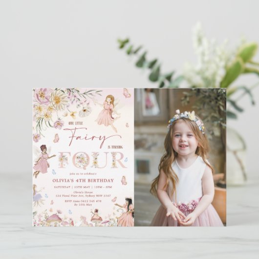 Kleurrijke Wildflower Fairy 4e verjaardag foto Kaart (Staand voorkant)